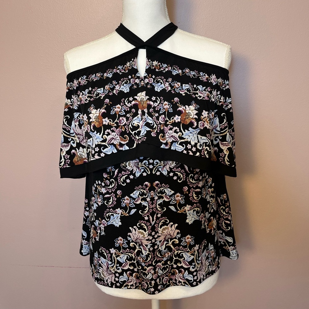 White House Black Market Black Floral Off-Shoulder Blouse